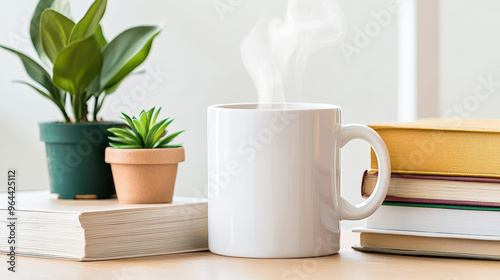 Cozy workspace featuring a white mug with steam, potted plants, and a stack of books on a light wooden surface