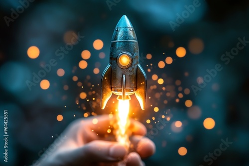 Hand Holding Tiny Rocket Taking Off.