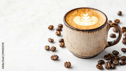 Warm cup of coffee with latte art surrounded by roasted coffee beans on a textured white background photo