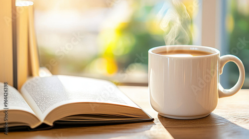 Hot coffee cup beside a partially open book on a wooden table with soft morning light streaming through the window