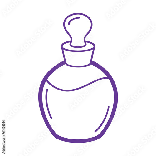 a simple line drawing of a perfume bottle. The bottle has a round shape with a narrow neck and a stopper on top. The drawing is outlined in purple, and there are no additional details or text