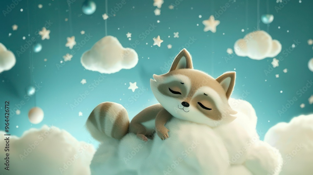 Obraz premium Cute Looping Animation of a Baby Raccoon Sleeping on a Cloud for Bedtime Lullabies. Concept Baby Raccoon, Sleeping, Cloud, Animation, Lullabies 