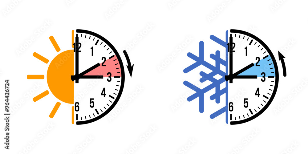 spring forward and fall back pictograms, winter and summer time change vector icons
