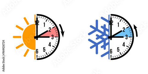 spring forward and fall back pictograms, winter and summer time change vector icons