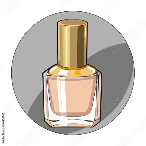 an illustration of a bottle of nail polish. The bottle is transparent, allowing the light peach-colored polish inside to be visible. It has a shiny, metallic gold cap