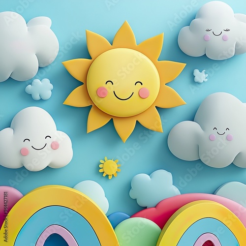 Happy clouds with bright rainbows creating a fun and playful kids wallpaper