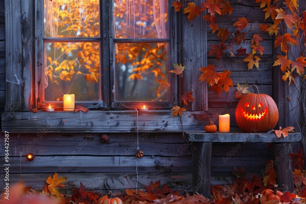 Obraz premium Background with halloween pumpkins, candles and autumn leaves on the wooden house porch