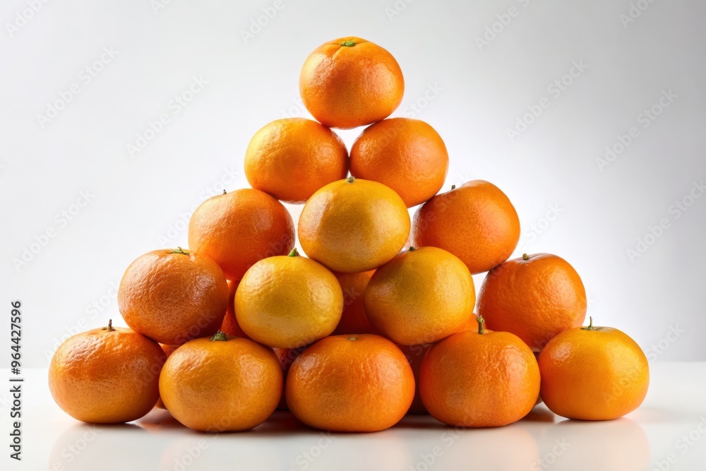 A pyramid of orange-hued citrus spheres towers above a minimalist white background, with a few scattered peels curling around the base A pyramid of orange-hued citrus spheres towers above a minimalist white background, with a few scattered peels curling around the base