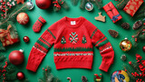 Dekoracje związane z Narodowym Dniem Brzydkiego Swetra, w tym fantazyjne, kolorowe swetry o niecodziennych wzorach.
