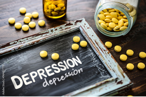 Depression written on chalkboard with pills. Symbolizes mental sickness such as depression and their treatment through medicine, antidepressant and psychological treatment and care.