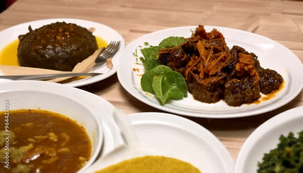 A table full of food including rice, curry, and a plate of food.
A table full of food including rice, curry, and a plate of food.