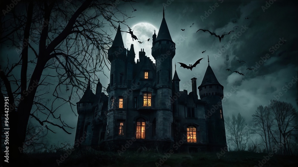 Halloween castle scenery with full moon in majestic night sky and highly detailed natural environment landscape. Halloween background. Horror scene for Halloween Halloween castle scenery with full moon in majestic night sky and highly detailed natural environment landscape. Halloween background. Horror scene for Halloween