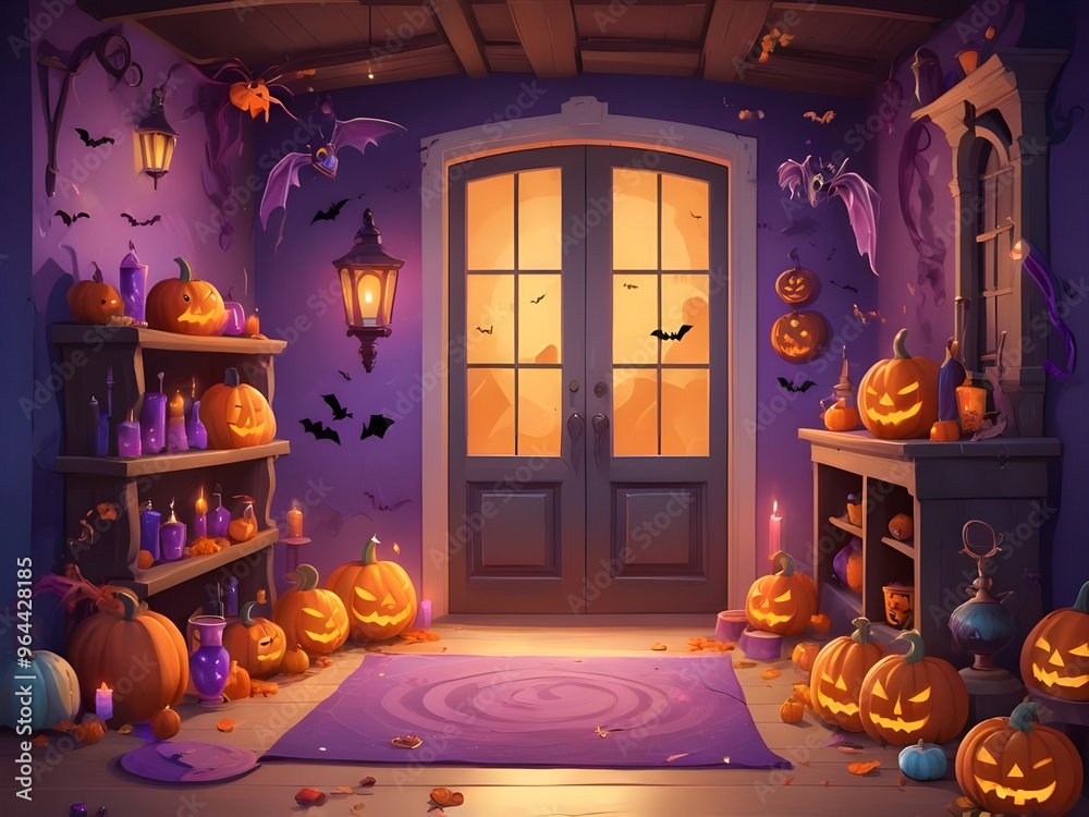 Obraz premium abstract Happy Halloween Interior of halloween room with door pumpkins bats spiders and candles Background