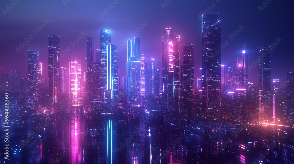 Fototapeta premium W nocnym krajobrazie mega miasta wyróżniają się potężne wieżowce z neonowymi iluminacjami, które odbijają się w szklanych fasadach budynków.