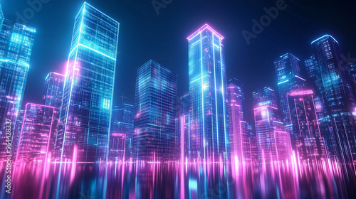 W nocnym krajobrazie mega miasta wyróżniają się potężne wieżowce z neonowymi iluminacjami, które odbijają się w szklanych fasadach budynków.