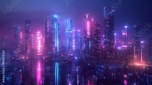 Wallpaper Mural W nocnym krajobrazie mega miasta wyróżniają się potężne wieżowce z neonowymi iluminacjami, które odbijają się w szklanych fasadach budynków. Torontodigital.ca