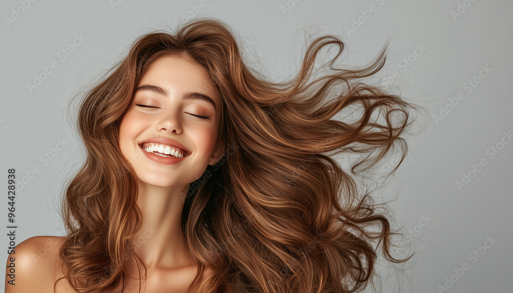 Fototapeta premium Portrait of a woman with perfect makeup and luxurious voluminous curls on a neutral background