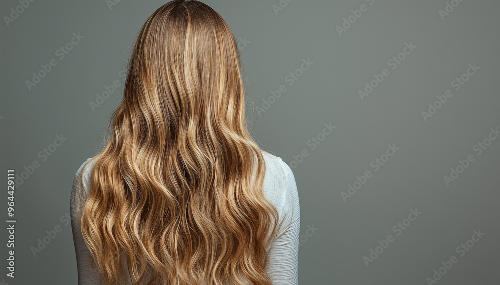 Rear view of a woman with perfect, long and luxurious curls against a neutral background 