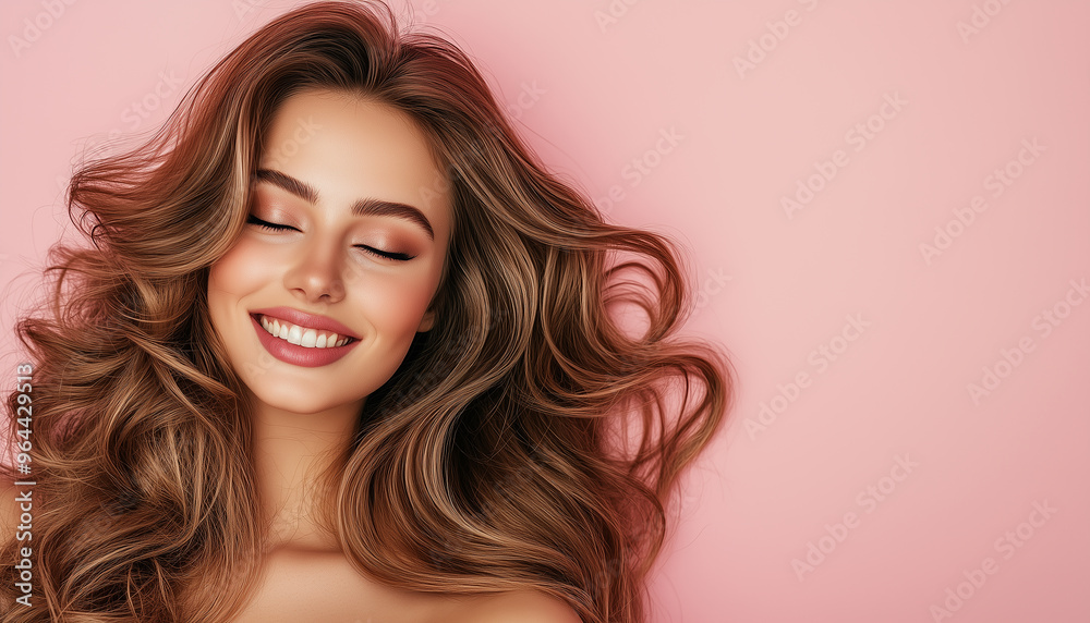 Portrait of a woman with perfect makeup and luxurious voluminous curls on a pink background Portrait of a woman with perfect makeup and luxurious voluminous curls on a pink background