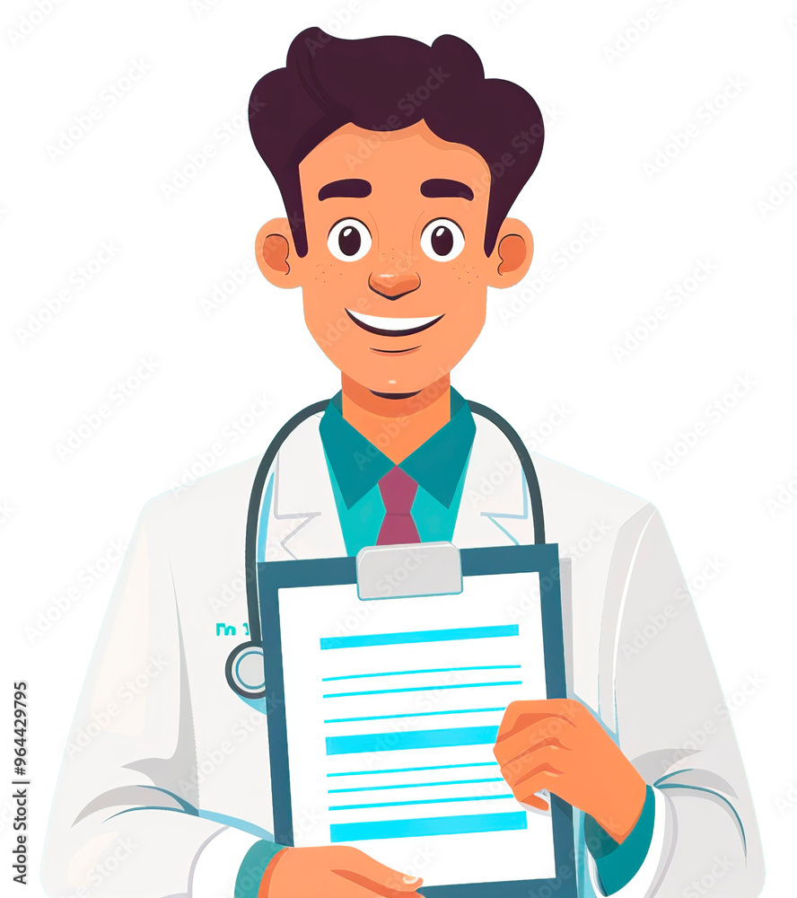 Illustration of a doctor with a diagnosis, doctor holding clipboard Illustration of a doctor with a diagnosis, doctor holding clipboard
