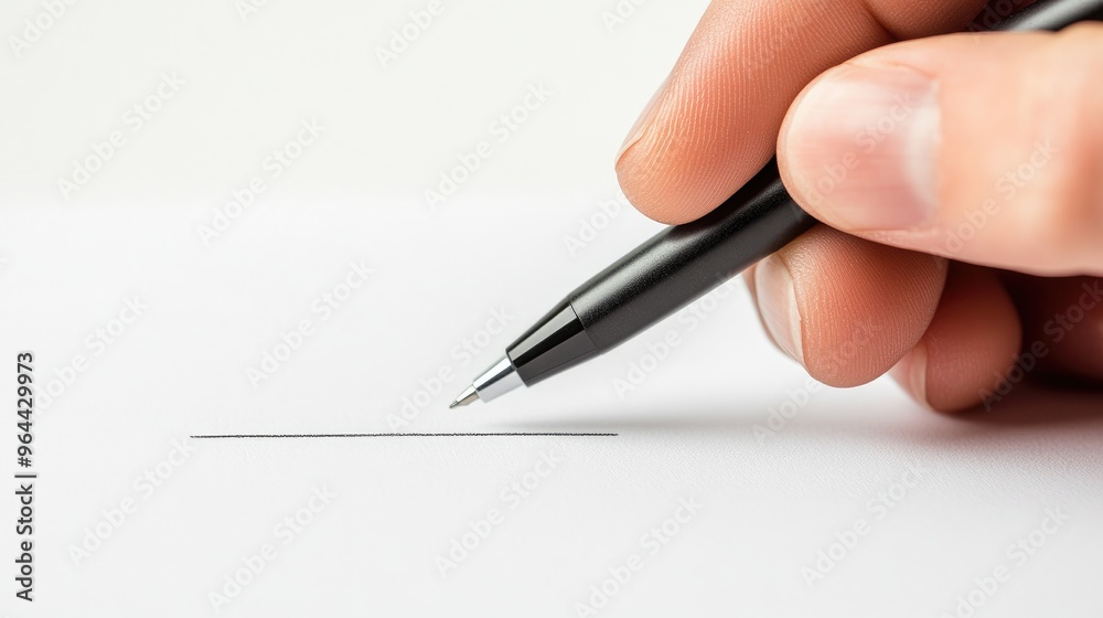 Closeup of a hand holding a ballpoint pen, drawing a clean line, symbolizing creativity and artistic expression in minimalist design. Closeup of a hand holding a ballpoint pen, drawing a clean line, symbolizing creativity and artistic expression in minimalist design.