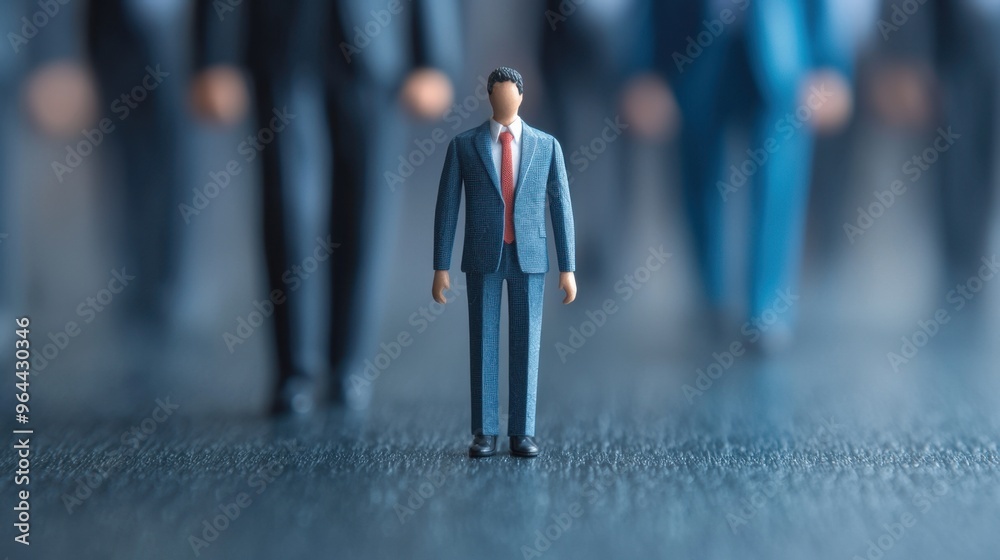 A miniature figure stands confidently among a group of blurred business professionals, symbolizing individuality and leadership. A miniature figure stands confidently among a group of blurred business professionals, symbolizing individuality and leadership.