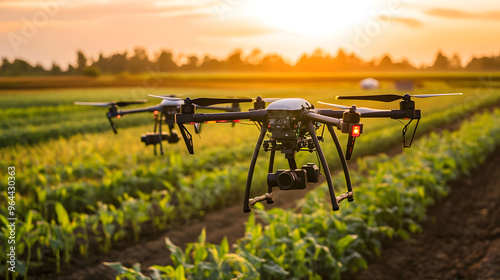 Close-up of precision agriculture drones flying over green fields at sunset, showcasing advanced technology in farming