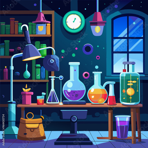 Night chemical laboratory interior with equipment. Vector cartoon illustration of dark lab room with furniture and tools, colorful fluid in flasks, test tubes, beakers, protective glasses on desk