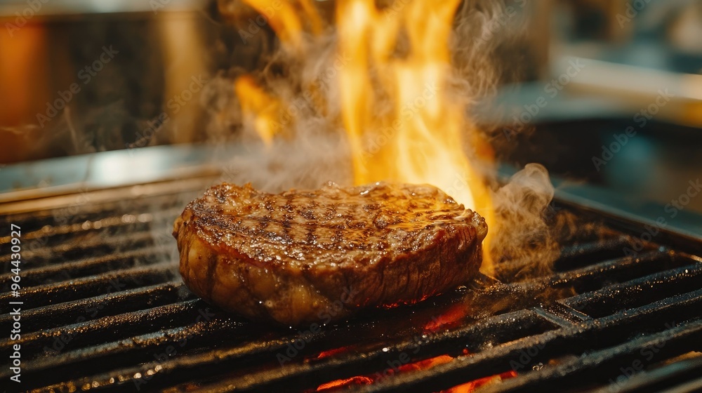 A sizzling Wagyu beef steak on a grill, with flames and smoke rising, showcasing the perfect sear A sizzling Wagyu beef steak on a grill, with flames and smoke rising, showcasing the perfect sear
