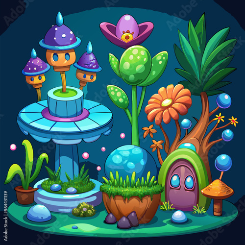 Fantasy alien plants for game ui design. Cartoon vector illustration set of cute magic flowers and trees for fairy fictional extraterrestrial forest creation. Fantastic creature of wonderland garden.