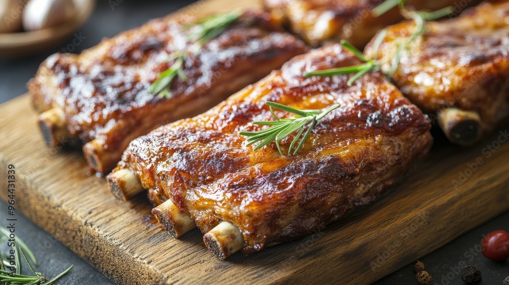 Closeup of appetizing baked pork ribs garnished with rosemary on a rustic wooden board, juicy and ready to serve. Closeup of appetizing baked pork ribs garnished with rosemary on a rustic wooden board, juicy and ready to serve.