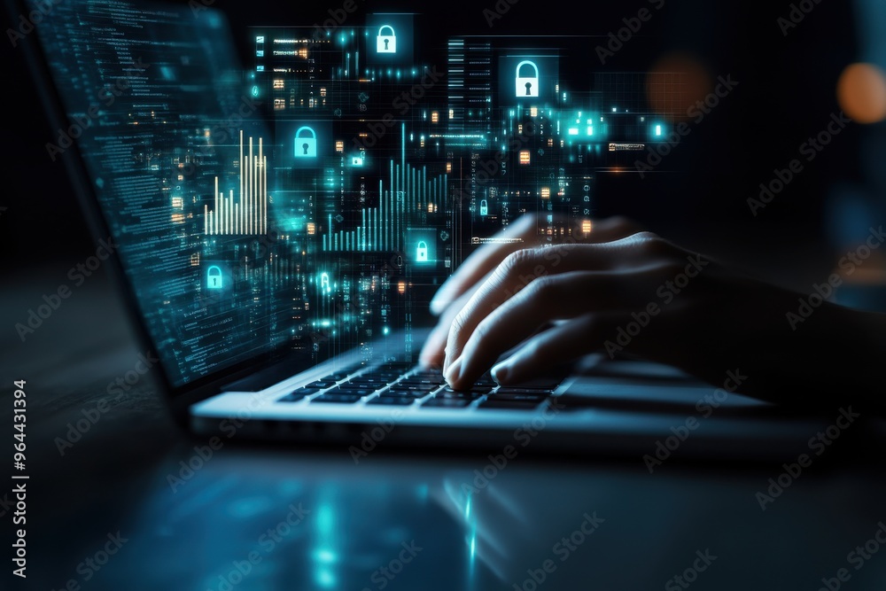 Person typing on laptop with digital security interface and data visualization Person typing on laptop with digital security interface and data visualization