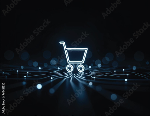 a shopping cart with a glowing neon lines with bokeh and interconnected lines and dots on background