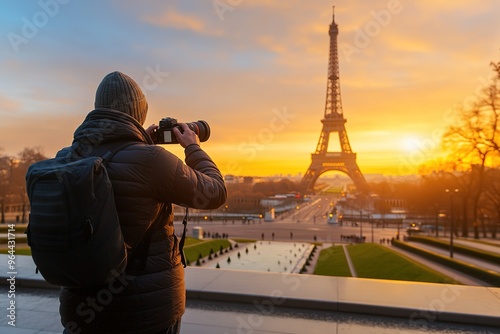 Tourist photographing the Eiffel Tower from a nearby park, casual yet focused posture, soft afternoon light, Parisian cityscape. photo