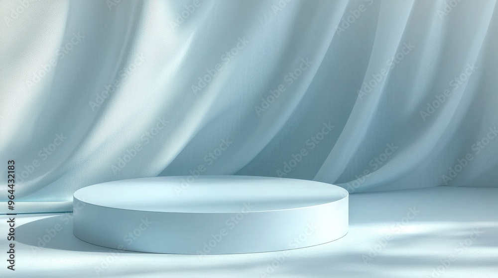 A serene display platform with soft lighting and draped fabric, perfect for showcasing products in an elegant setting. A serene display platform with soft lighting and draped fabric, perfect for showcasing products in an elegant setting.