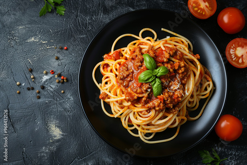 Top view of spaghetti bolognese.