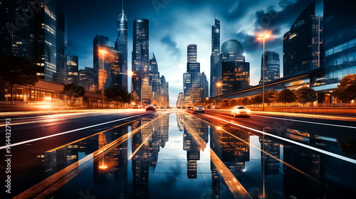 A car drives on a road with a city in the background, traffic, traffic at night