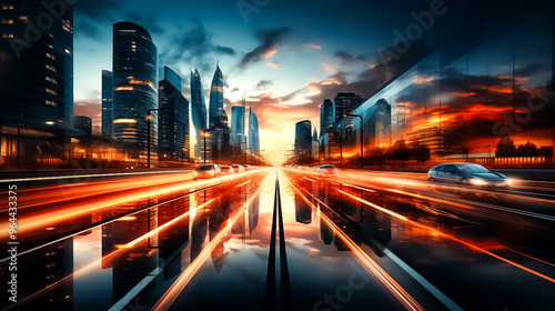 A cityscape with the word grand on the water, traffic at night, traffic