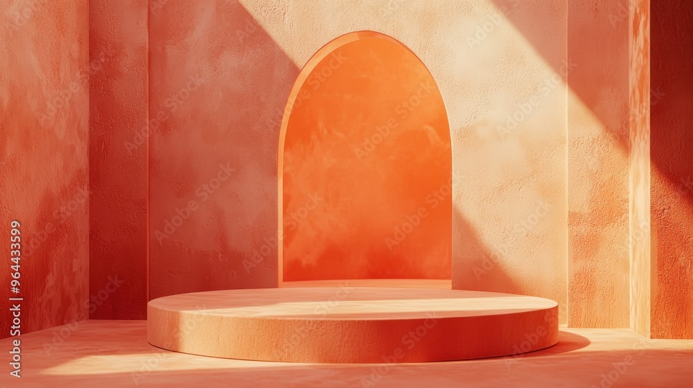 A minimalist interior scene featuring a circular pedestal with an arch, showcasing warm orange tones and soft light. A minimalist interior scene featuring a circular pedestal with an arch, showcasing warm orange tones and soft light.
