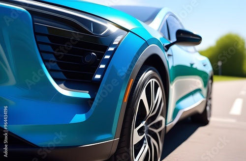 The front wheel and headlight of the car close up