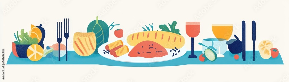 A cartoon illustration of a dinner table setting with food and drinks. A cartoon illustration of a dinner table setting with food and drinks.