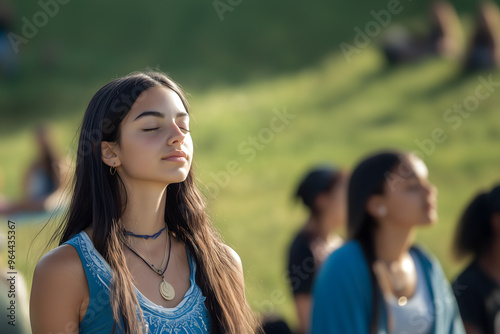 an attractive young woman with long dark hair, wearing a blue and white yoga atire