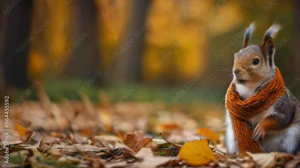 Cute squirrel with scarf in autumn park Cute squirrel with scarf in autumn park