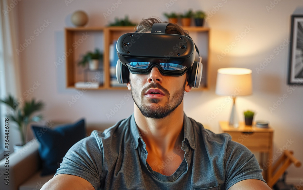 muscular man experiences virtual reality VR in a cozy living room setting