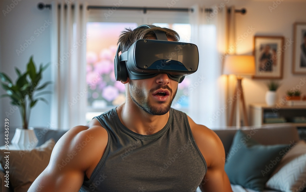 muscular man experiences virtual reality VR in a cozy living room setting muscular man experiences virtual reality VR in a cozy living room setting