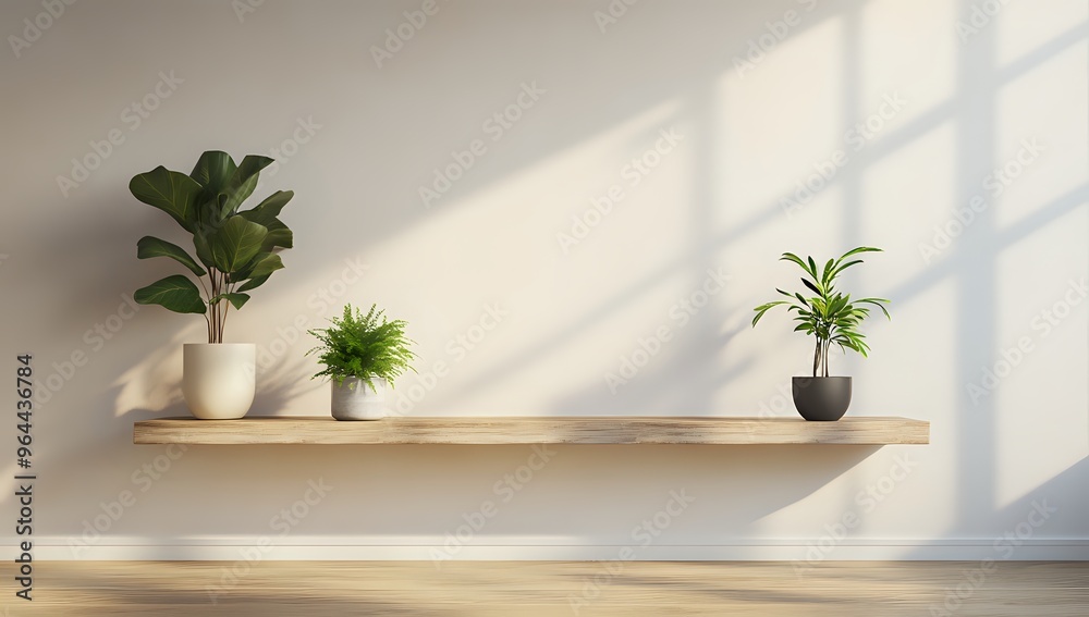 Minimalist interior design with potted plants on a wooden shelf. Minimalist interior design with potted plants on a wooden shelf.