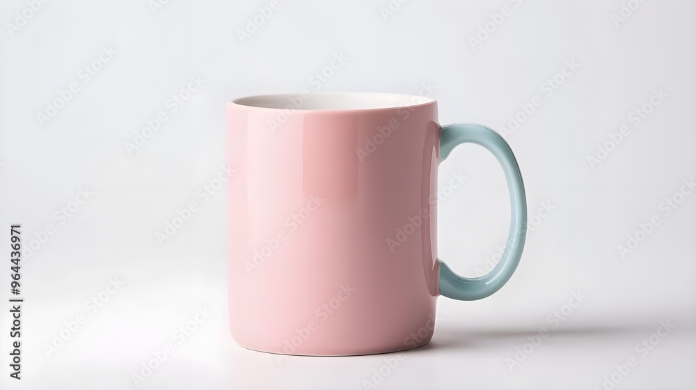 Pink Mug with Blue Handle on White Background Pink Mug with Blue Handle on White Background