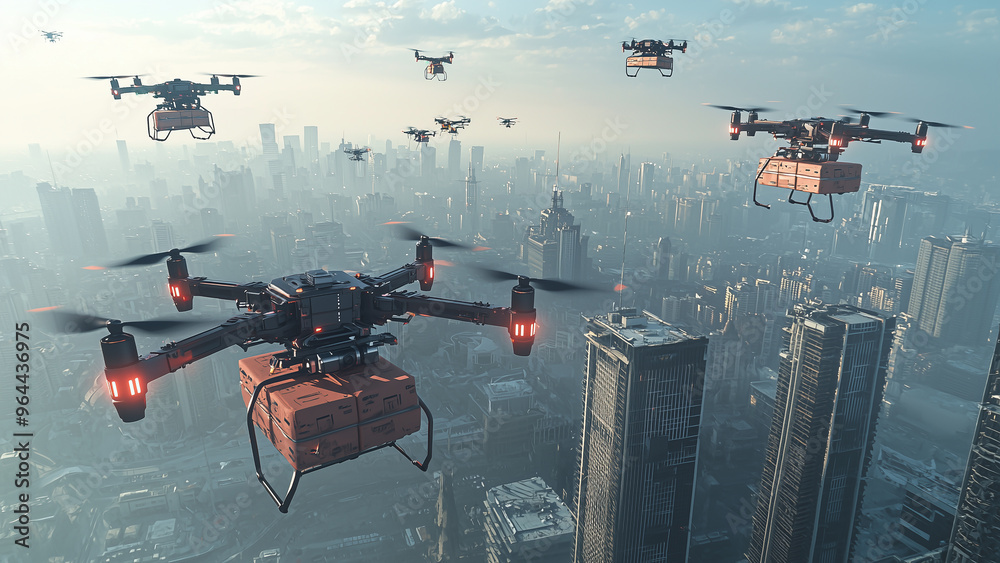 Futuristic Cityscape with Delivery Drones Futuristic Cityscape with Delivery Drones