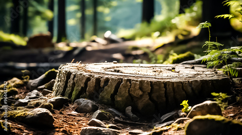 A log with a log in the middle of it and a tree stump in the background, stump with roots, stump in the forest, stump in the woods