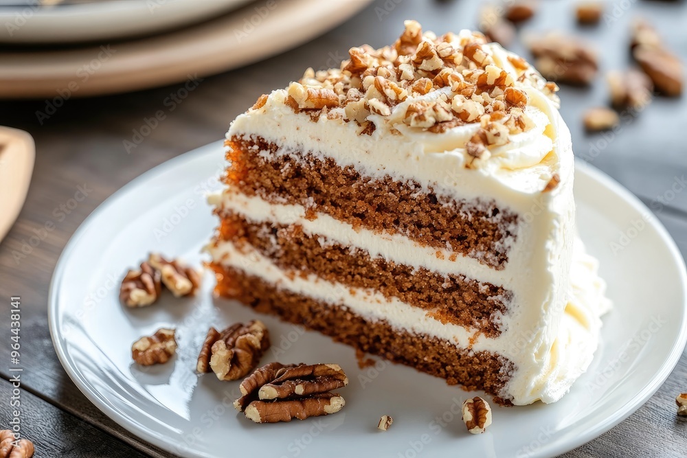 A slice of moist carrot cake with a thick layer of cream cheese frosting, garnished with chopped walnuts A slice of moist carrot cake with a thick layer of cream cheese frosting, garnished with chopped walnuts